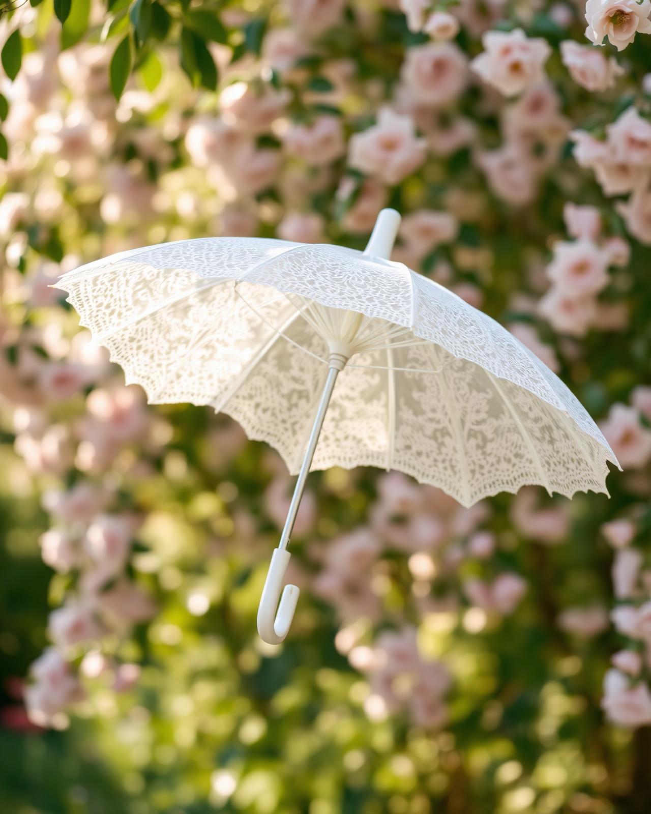 Lace parasol in a romantic summer rose garden